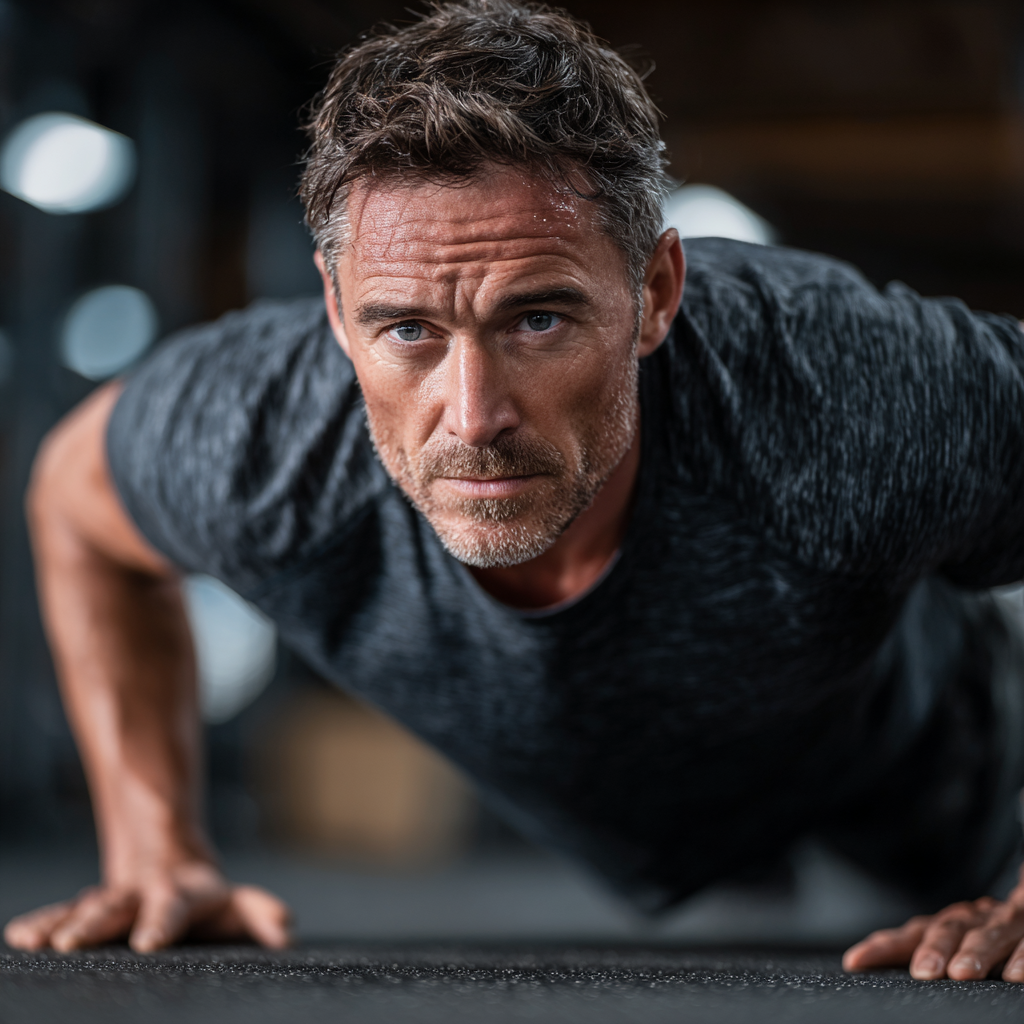 Active mature man in his 40s performing push-ups in modern gym, showing determination and proper form, wearing comfortable athletic clothing in well-lit fitness environment