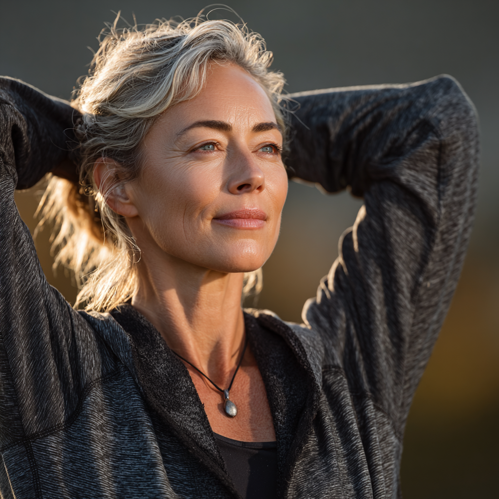 Confident mature woman in her 50s doing stretching exercise outdoors in park, wearing athletic gear, demonstrating flexibility and strength with natural lighting